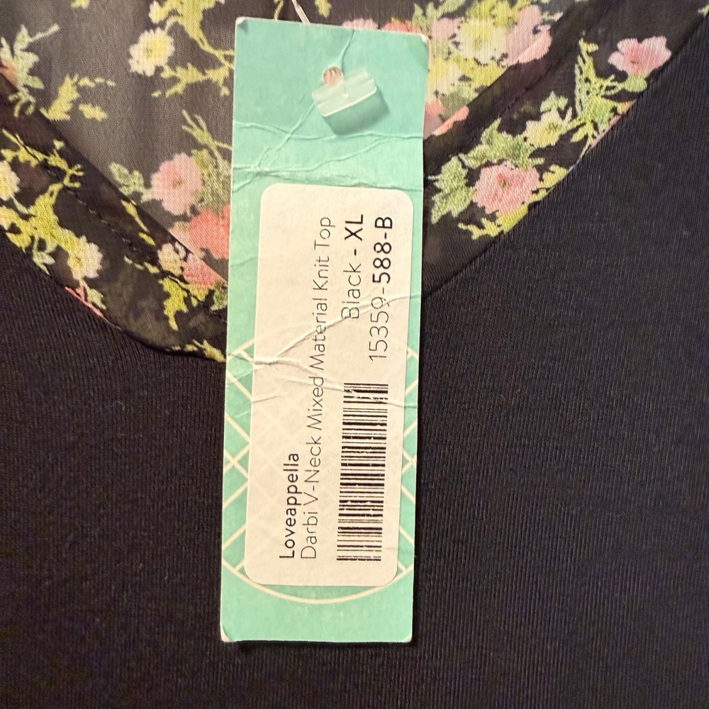 Loveappella‎ Darbi V-Neck Mixed Material Knit Contrast Tunic Top Black Floral XL - Picture 4 of 16
